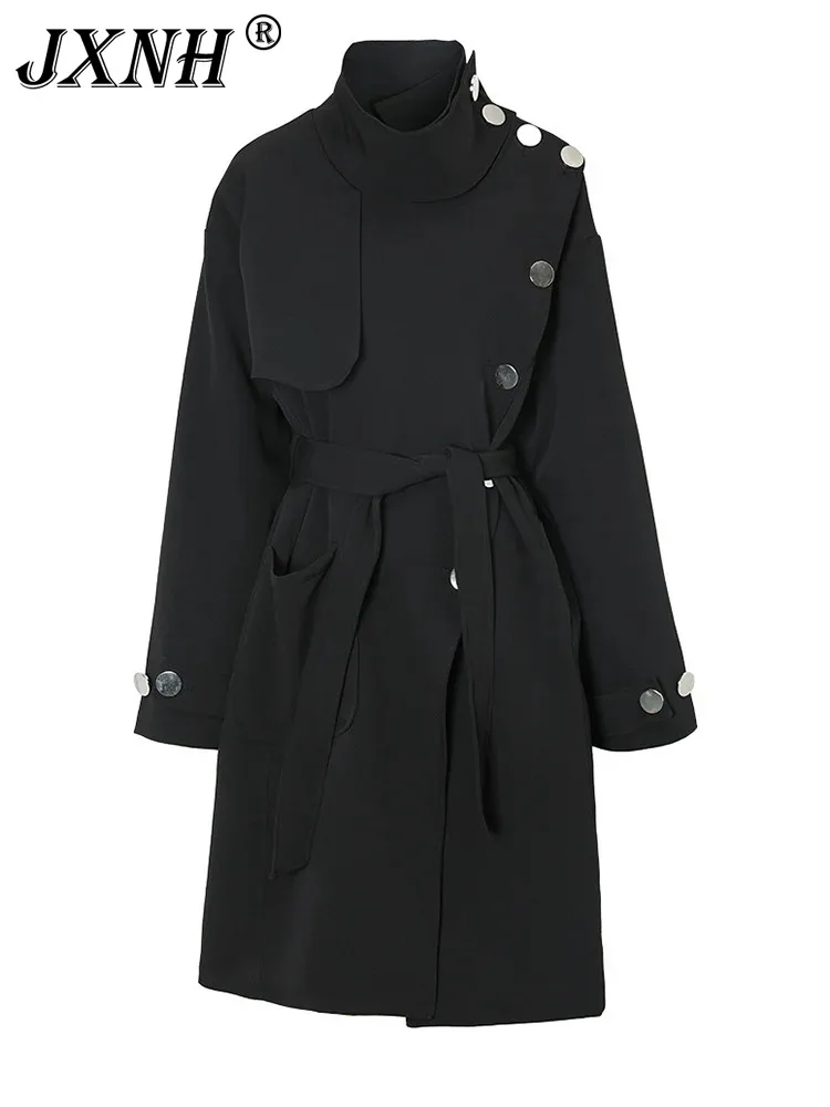 

Black Button Long Trench Women Big Size New Stand Collar Long Sleeve Windbreaker Fashion Tide Spring Autumn 2024