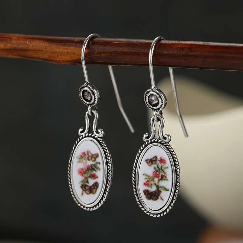 Vintage Inlaid Pink CZ Flower Dangle Women's Earrings Ethnic Silver Color Geometry Daily Wear Party Jewelry Anniversary Gift