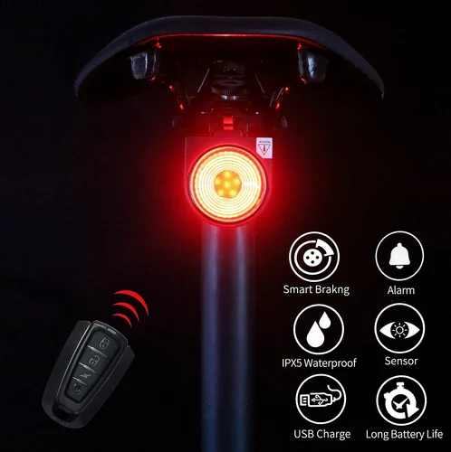 Imagen 2 del producto Lámpara trasera de bicicleta, luz de frenado, alarma antirrobo, llamada remota, Control inalámbrico, carga USB, linterna LED, buscador de bicicleta, bocina, campana A8 Pro