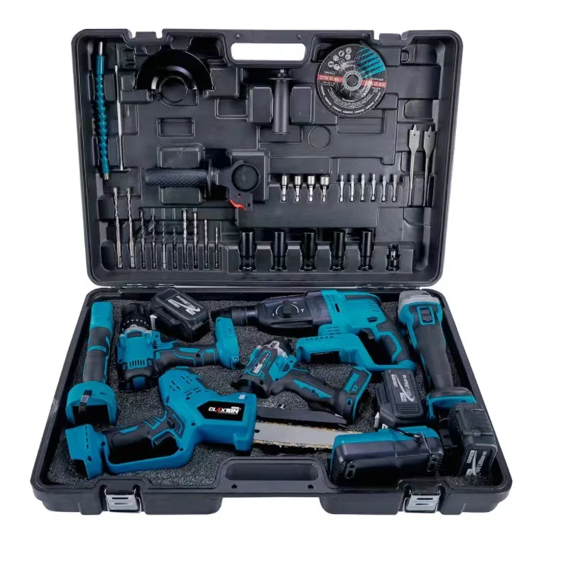 Cordless Power Tool Set with Brushless Hammer Drill Angle Grinder and Mini Chainsaw 21V Battery Kit for Home Repair and Auto