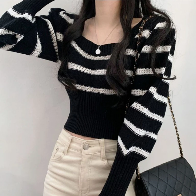 Vintage Cropped Sweaters Women Slim Chic Square Collar Basic Lady Knitwear Korean Fashion Autumn Cozy Long Sleeve Clothing Sales