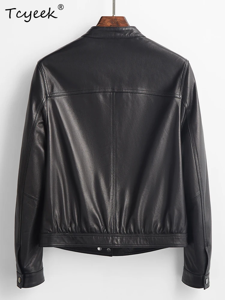 Tcyeek Giacca in pelle da donna in pelle di pecora Primavera Autunno Colletto rialzato Giacca da moto corta nera a maniche lunghe Chaqueta Cuero
