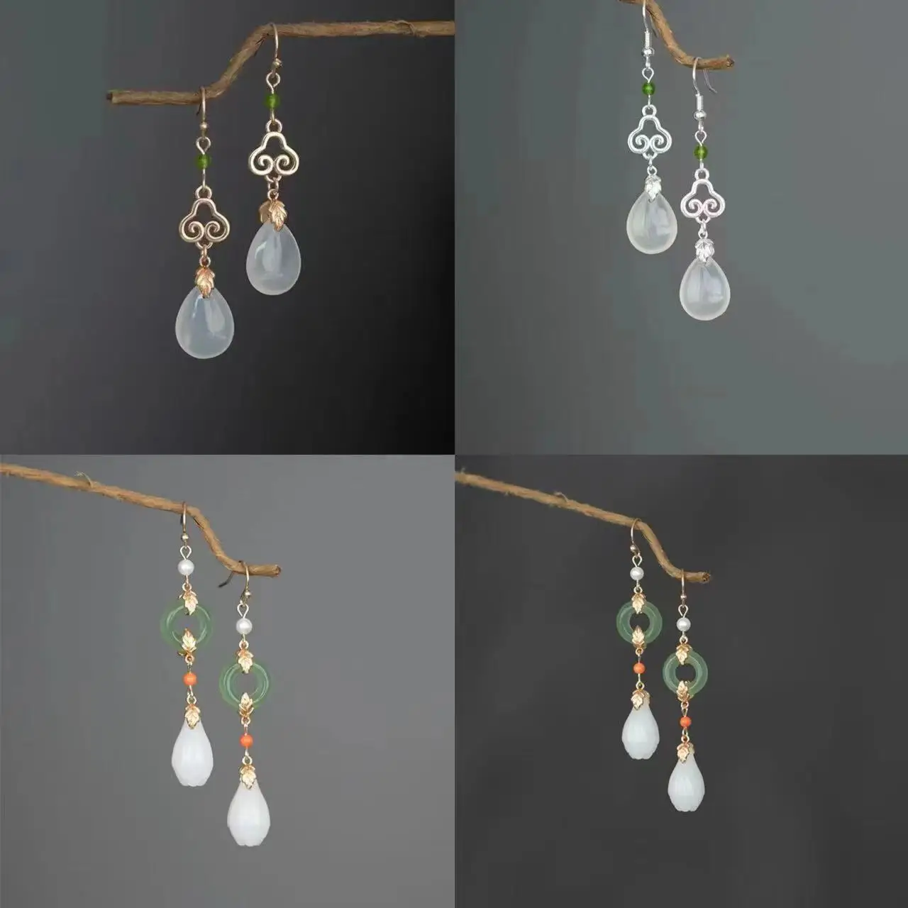 Vintage Design Jade Pendant Earrings for Women Ancient Palace Style Luxury Jewelry Water Drop Butterfly Shaped Ear Clip Earring