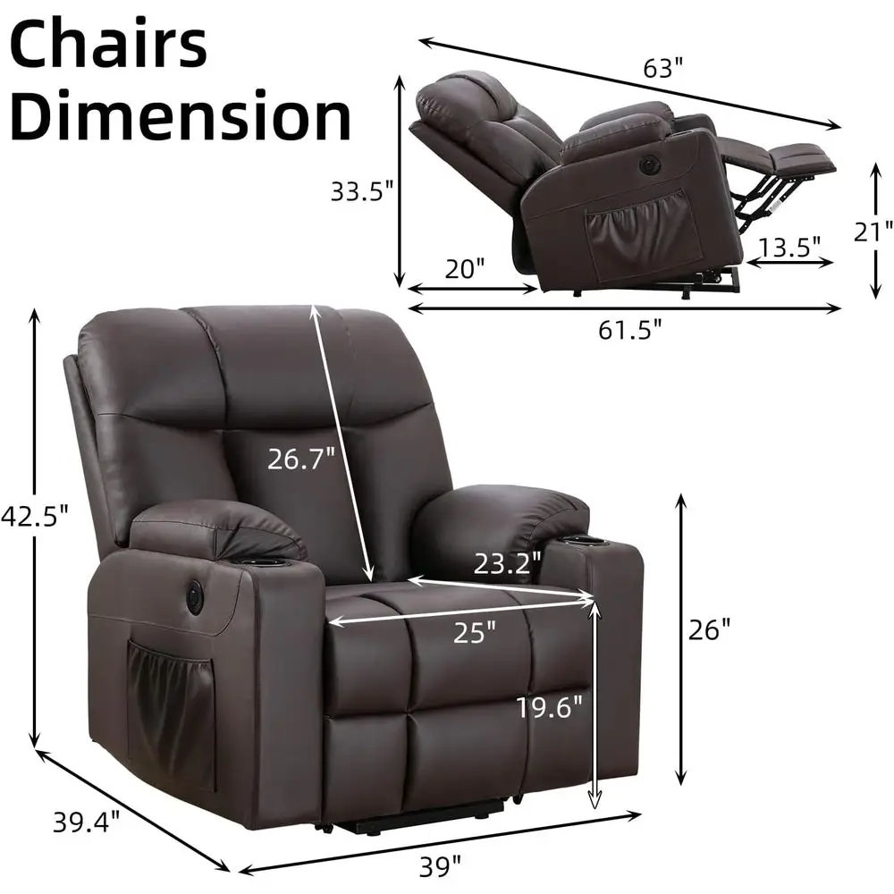 Oversized Leather Recliner with Heat Massage, Wide Sofa, Cup Holders, Side Pockets, USB Port, Brown