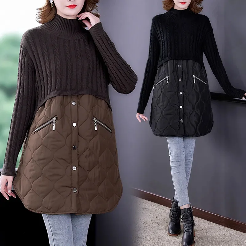 Mode Katoenen Kleding Patchwork Gebreide Trui Dames Herfst Winter Half Hoge Kraag Dikke Warme Bovenkleding Dames Tops