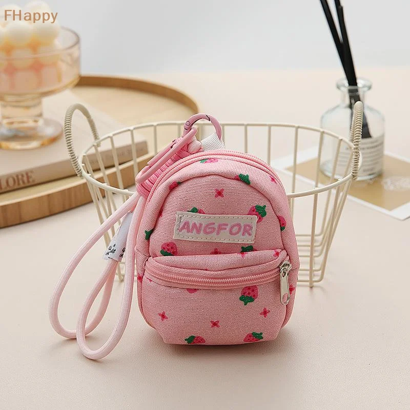 Chic Strawberry Print Mini Wallet Coin and Money Bag with Keychain, Included Backpack Storage for Earphones
