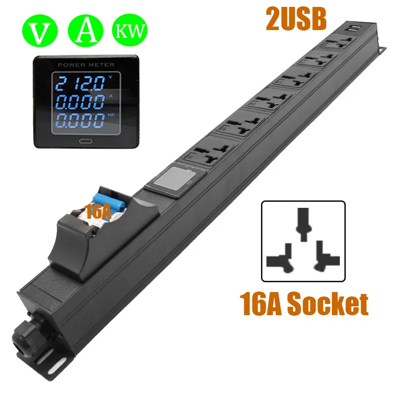 Engineering Network Cabinet Rack 4000W 16A PDU Power Strip with Air Switch Current Voltage Digital Display Meter 2USB