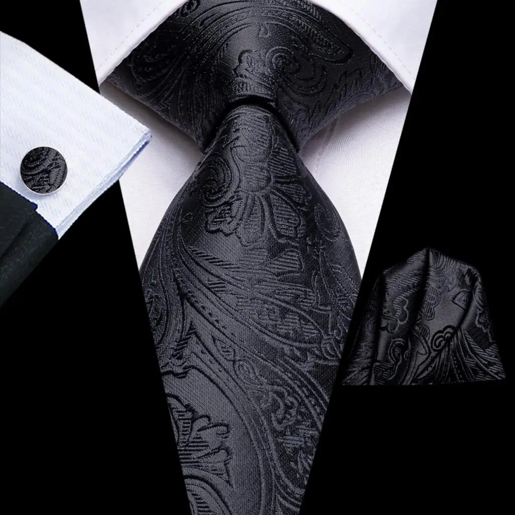 Classic Black Paisley 2022 New Fashion Brand Ties for Men Wedding Party Necktie Set Handkerchief Cufflinks Gift Wholesale Hi-Tie