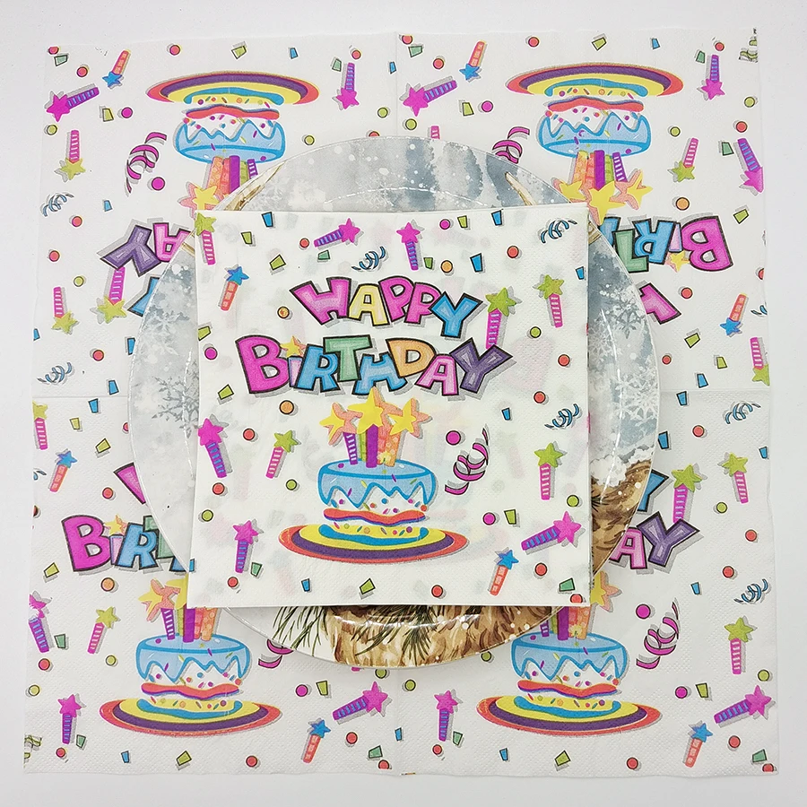 

20 шт. салфеток на день рождения 33x33 см, 2-слойные, с красочным дизайном торта и звездных свечей, для украшения праздничного стола