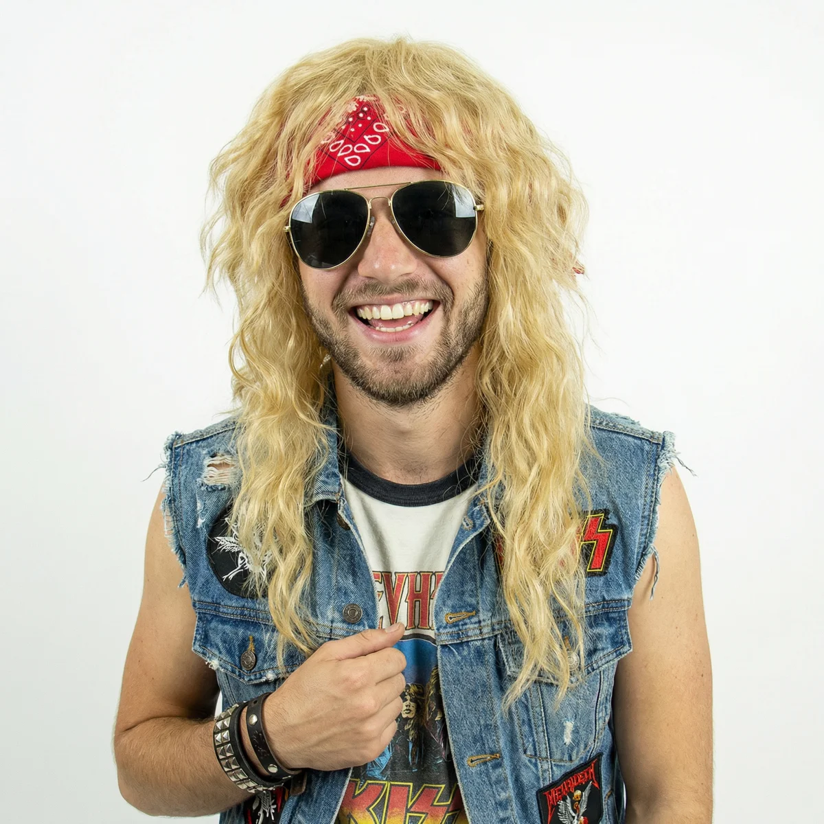 

REEWES 70s 80s Blonde Long Mullet Wig With Bangs Disco Hair Curly Men Synthetic Wigs For Men Man Male Hippie Rocking