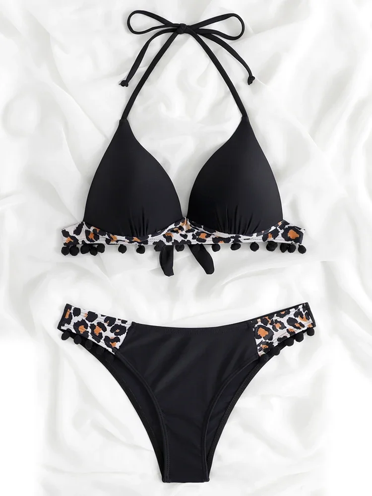 Bikini 2025 New Swimwear Women Swimsuit Tassel Black Ball Leopard Bikinis Set Push Up Bathing Suit Summer Brazilian Beach Wear