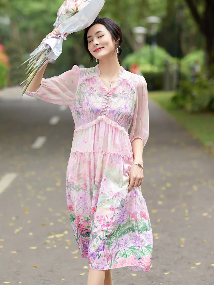 BirdTree, 100%Real Silk Elegant Dresses, Women Half Sleeve Flower Printed, French Temperament Chic Dress, 2024 Summer D44625QC