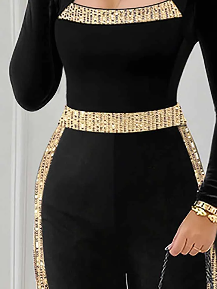 

Temperament Lady Wide Leg Romper Trendy Hollow Out Sequins Spliced Jumpsuit Elegant Long Sleeve Color Blocked Playsuits Overalls