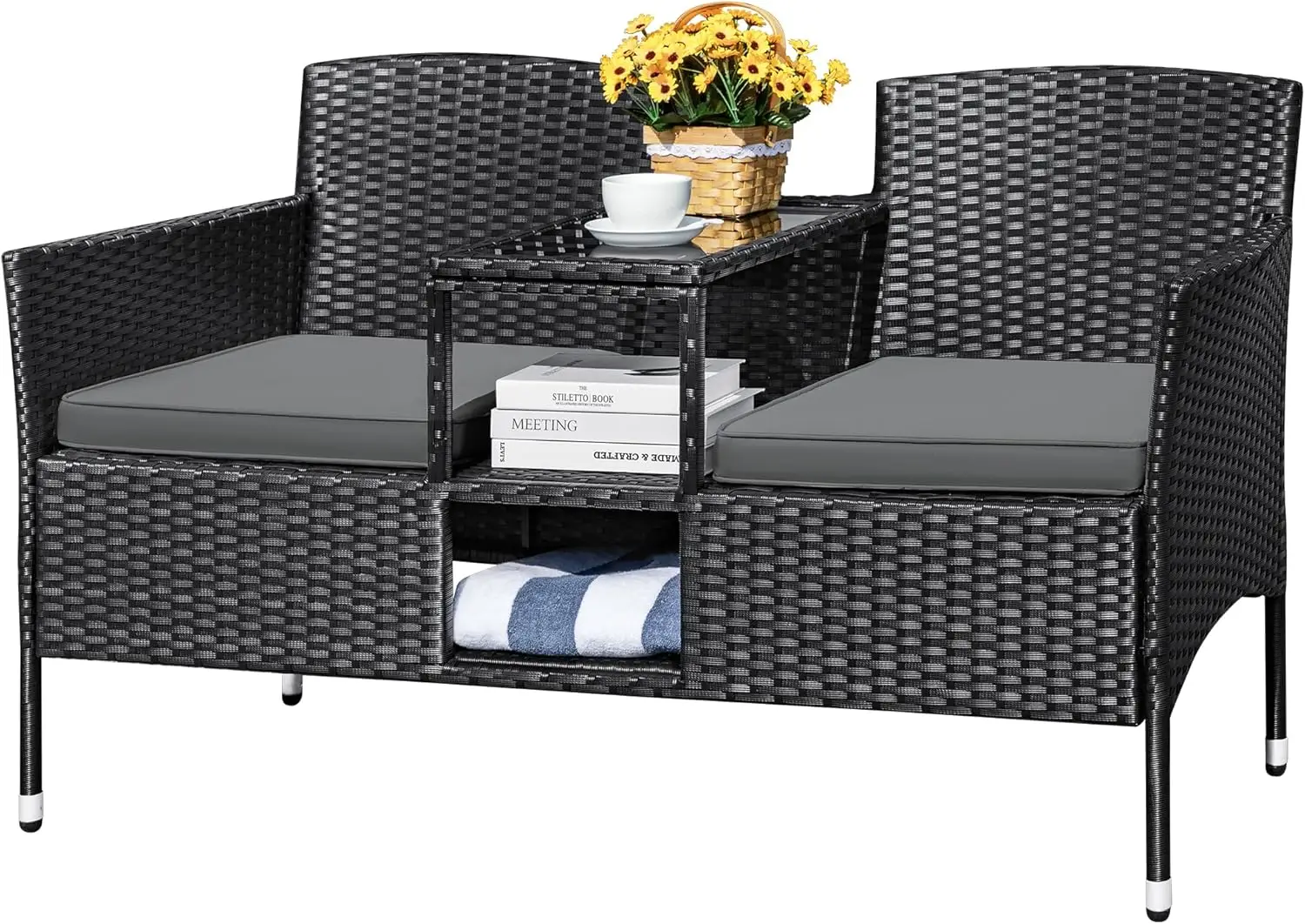 Outdoor Patio Loveseat Modern Rattan 2-Seat Patio Conversation Set with Cushions & Built-in Coffee Table Porch Furniture