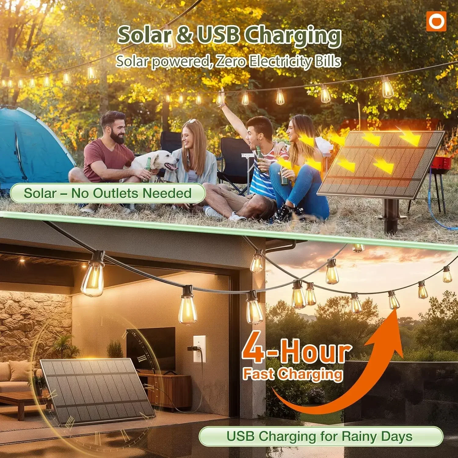 204FT(2 Pack*102FT) Solar String Lights Waterproof, Patio Lights Solar Powered with Remote & USB Port, 3 Lighting Modes 60+4 LED