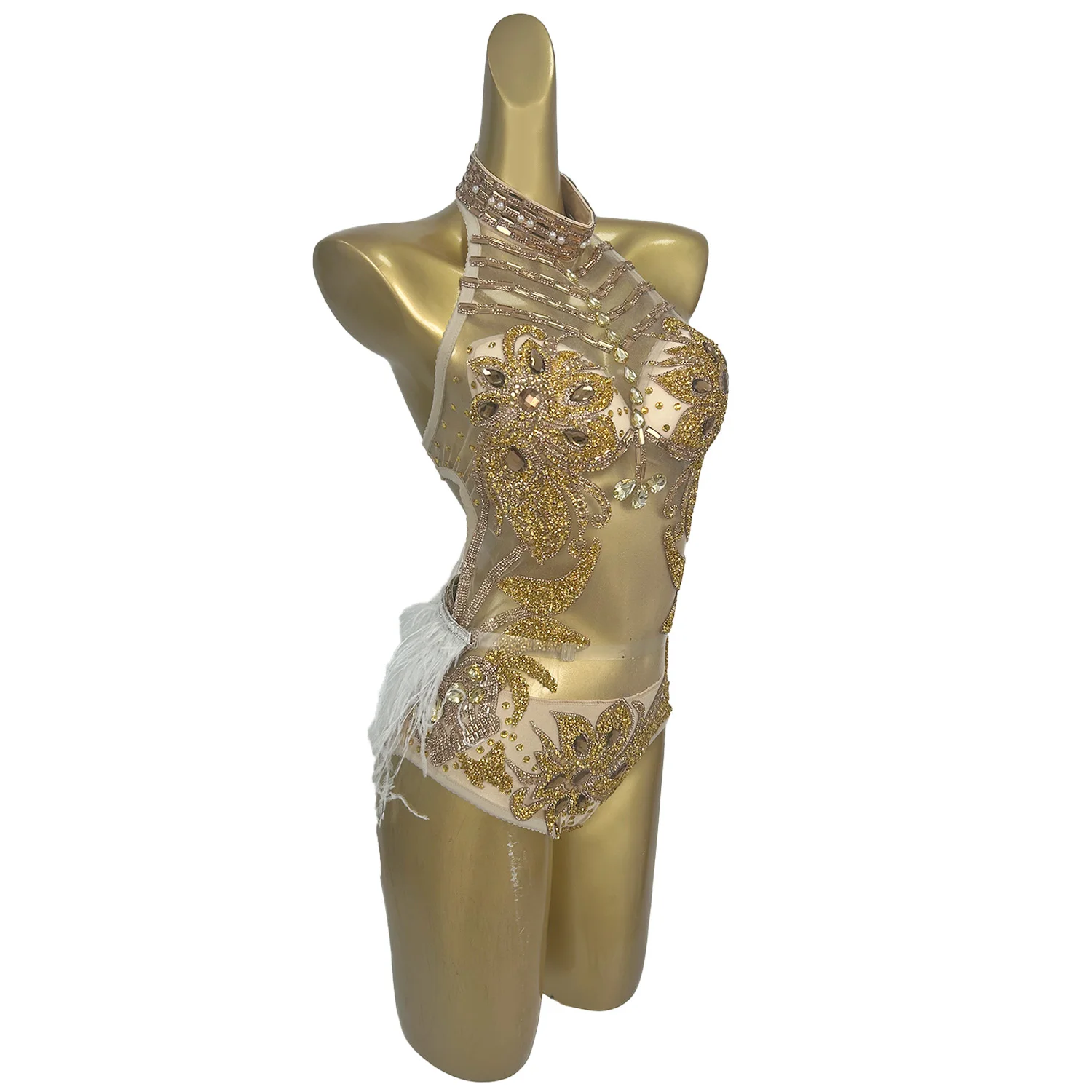 

Sexy Women Sparkly Gold Rhinestone See Through Mesh Bodysuit with Gloves Club Party Dance Stage Performance Wear Feather Catsuit