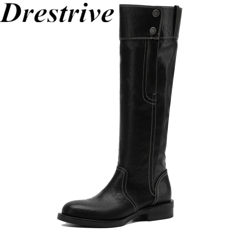 Drestrive 2026 Handmade Women's Knee High Boots Round Toe Zipper Thick Mid Heels New Winter Shoes Cow Laminated Split Leather