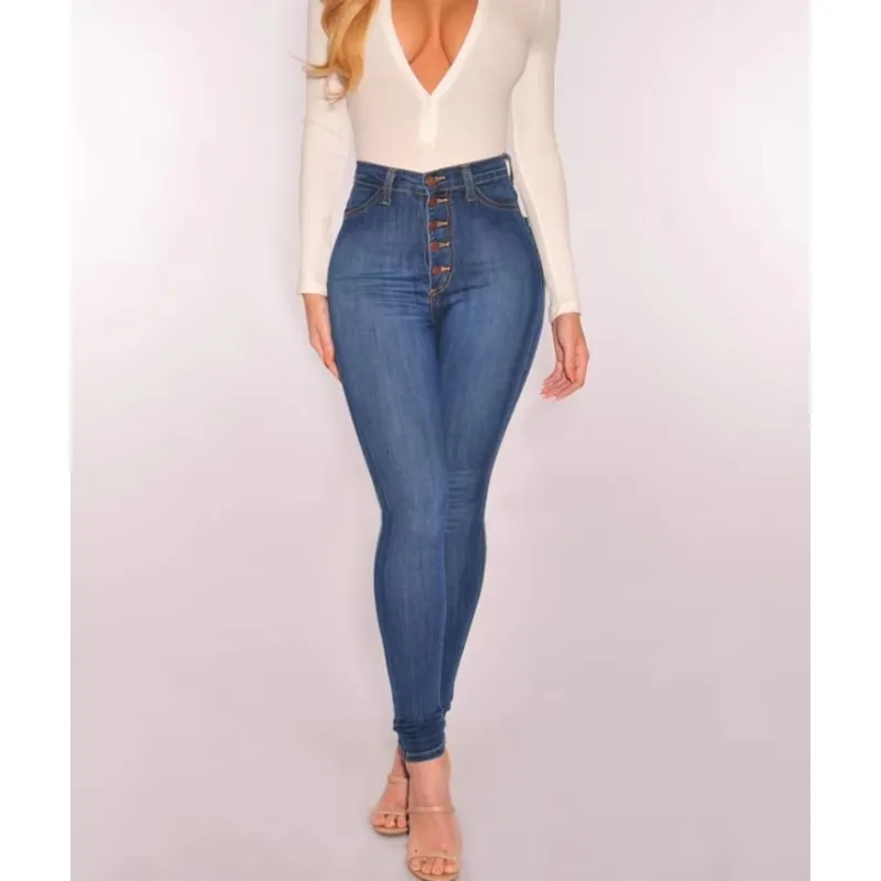 Botvotee Button Up Skinny Pencil Jeans for Women High Waisted Casual Elegant Denim Pants Vintage Retro Blue Strentch Jeans Woman