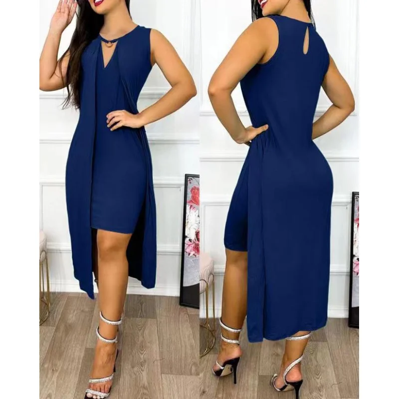 2023European and American Autumn Summer Women's Fashion Sexy Sleeveless Solid Color False Two-Piece Slit Sheath Dress