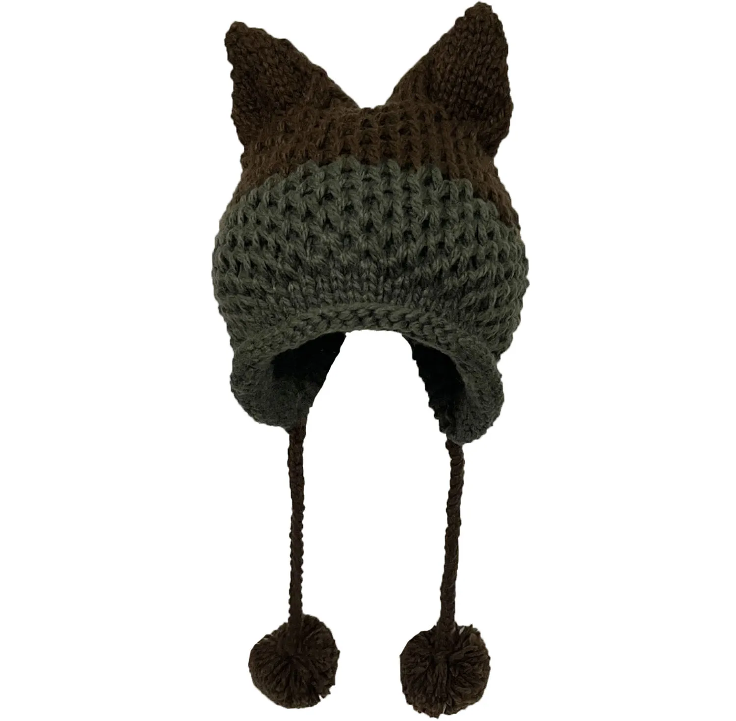 BomHCS Cute Fox Coffee Ears Beanie Winter Warm Handmade Knitted Pompom Hats