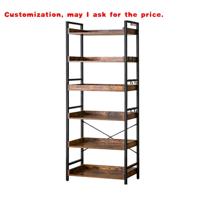 custom.Adjustable 6-Tier Open Bookcase Rustic Farmhouse Bookshelves Industrial Wood Black Metal Bookshelf Home Office Mid