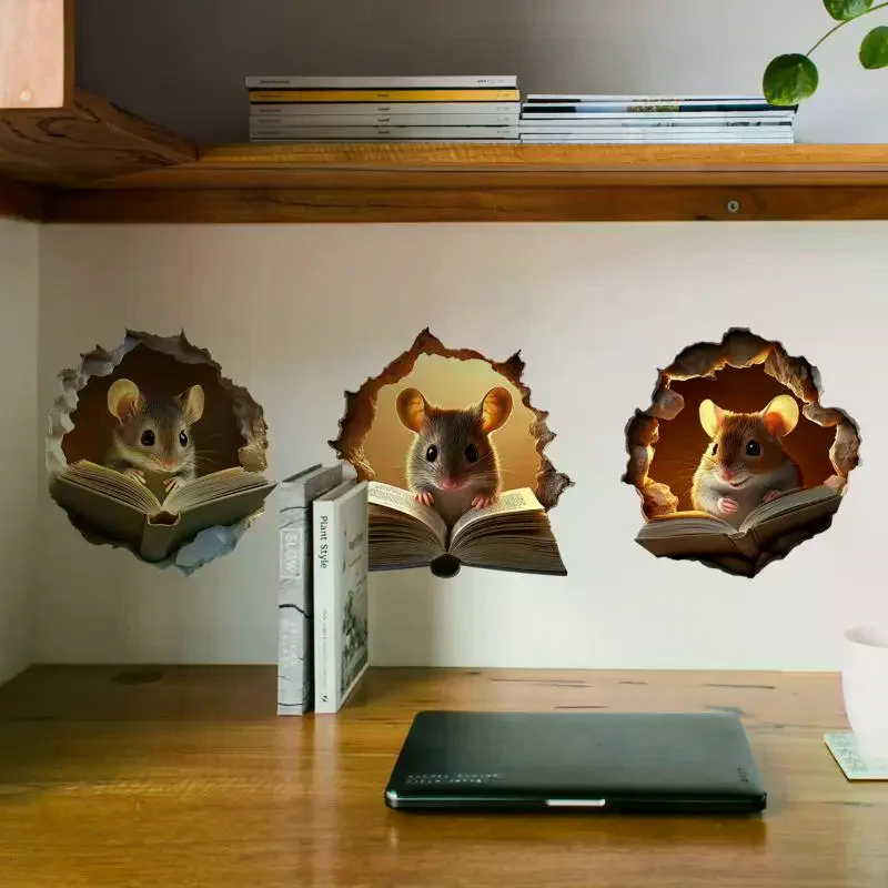 3Pcs Cute Mouse Hole Wall Sticker Living Room Wall Home Decor Bedroom Wallpaper Removable Funny Decor