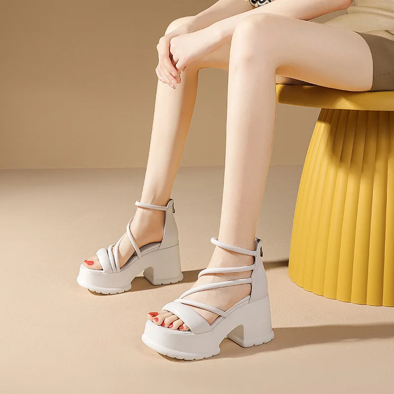 Summer New Platform Cross Strap Roman Sandals Office Work Casual Women Shoes Square Heel Peep Toe Hollow-out Rear Zipper Pumps