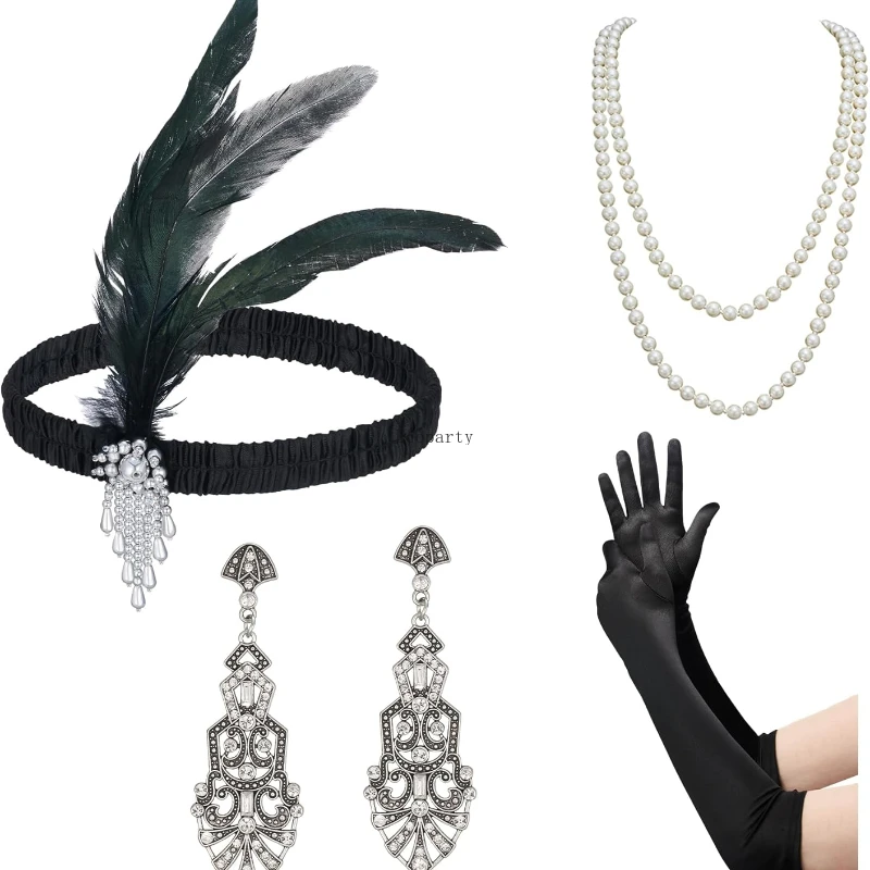 1920s Flapper Accessories Set for Women, Roaring 20s Great Gatsby Headband Flapper Costume Accessories anime earings gloves