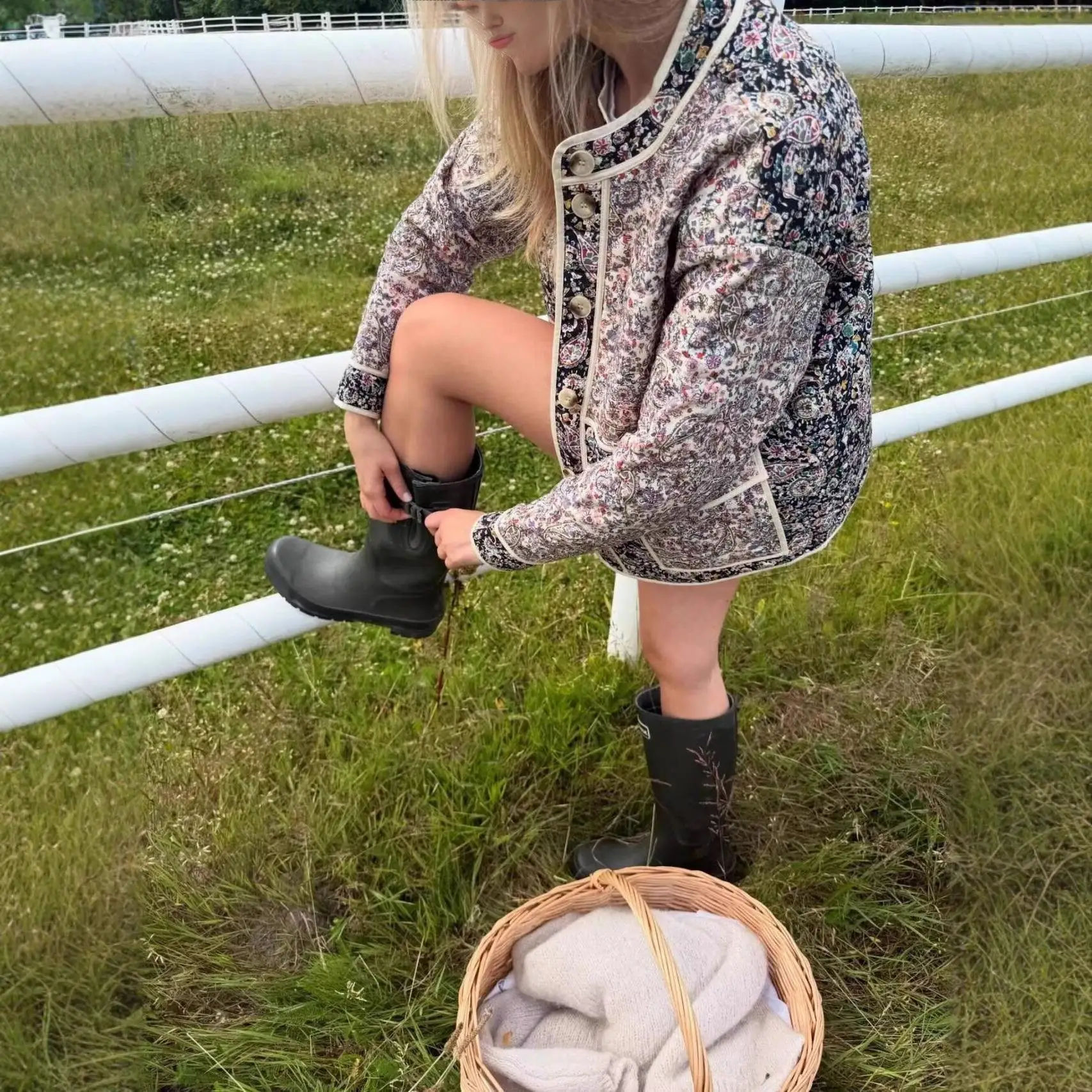 

Faionable Floral Print Cotton Jaet Stand Collar Patchwork Long Sve Thiened Women's Spring Premium Quali Coat