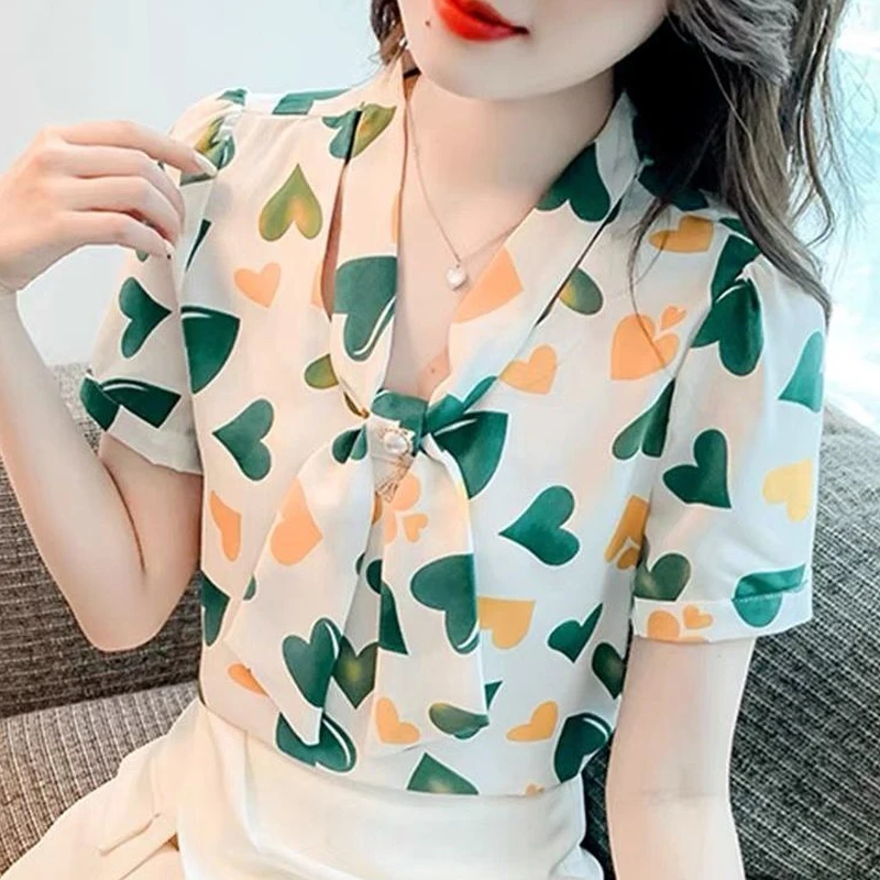 Summer New Temperament Short Sleeve Printing Shirt Tops Bow Patchwork Loose Plus Size Blouse Vintage Fashion Women Clothing