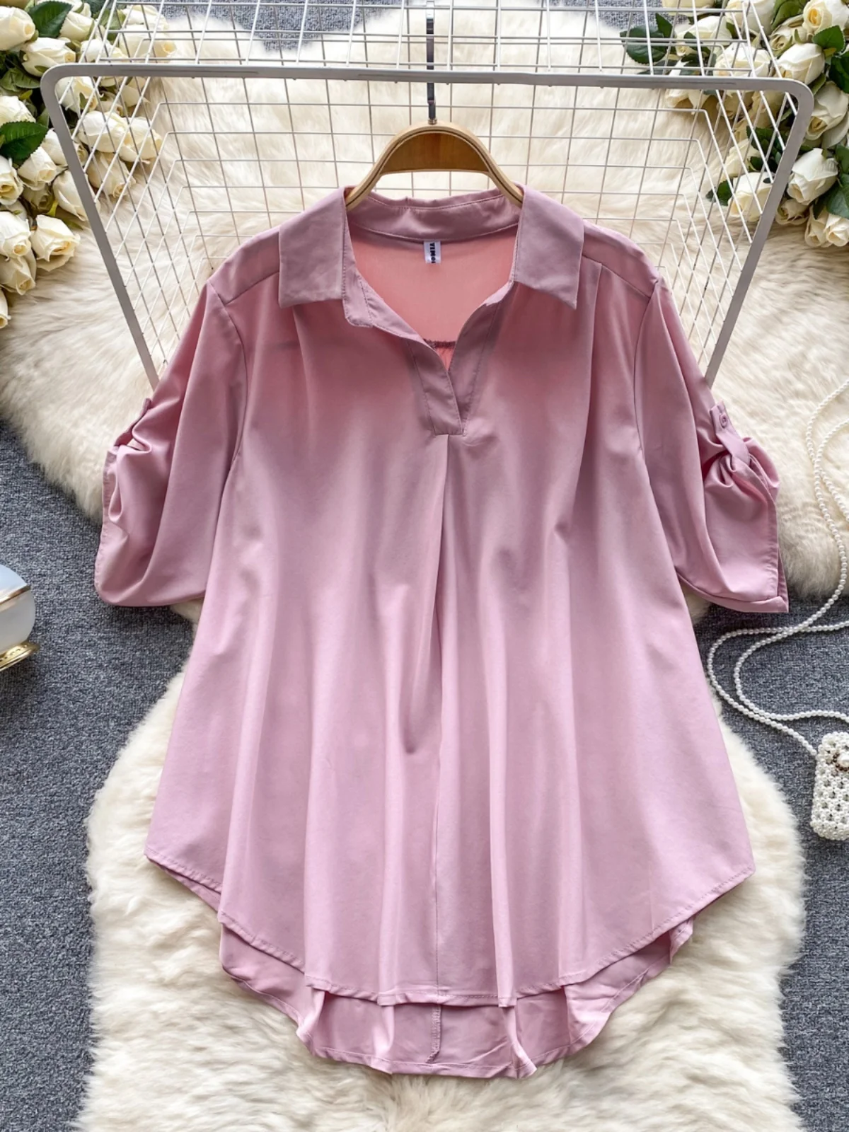 

Ele Bubble Sve irt Women's Loose Fit Turn-down Collar Slimming Design Korean Sle Polyester Fiber ort Sve Top