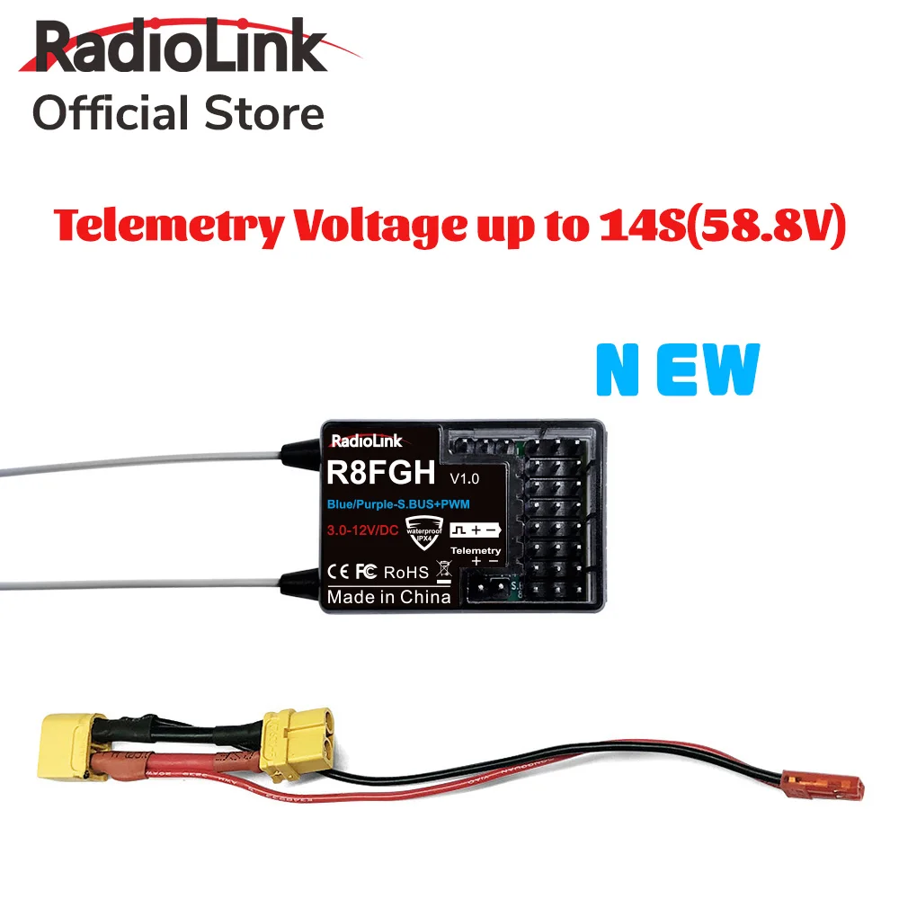 Radiolink R8FGH Gyro Receiver 2.4G 8 Channels Telemetry Vehicle Voltage Up to 14S 58.8V for RC Car Boat Mower Machine Robot