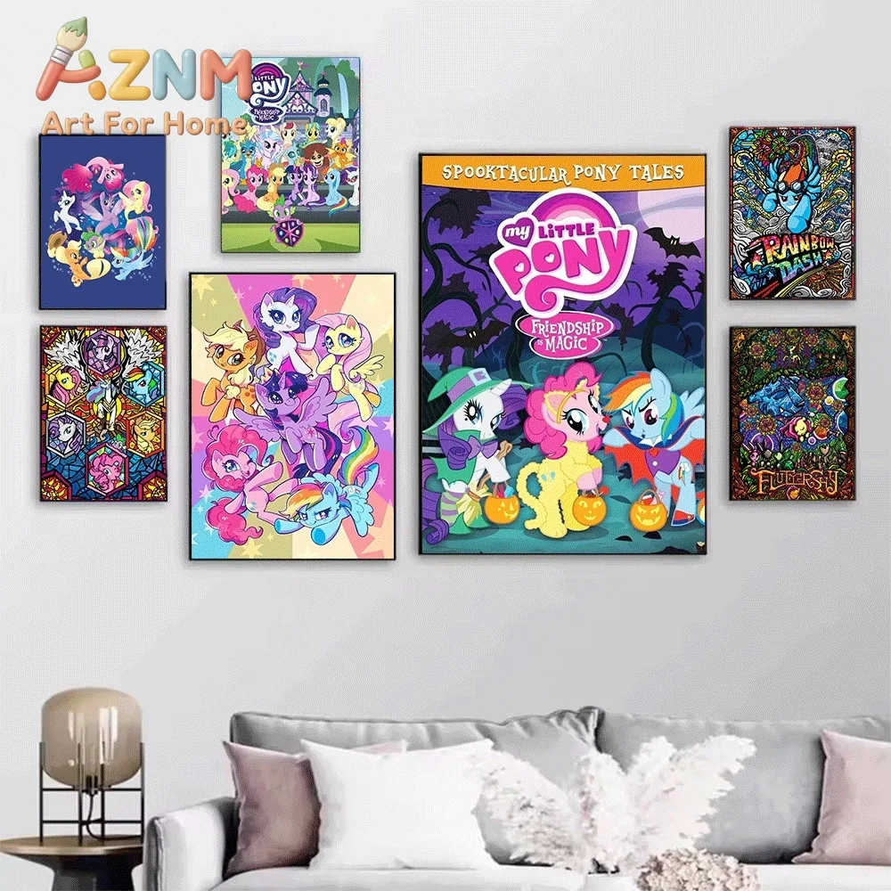 My Little Pony Merry Christmas Tree Group Characters Canvas Painting Unframed Cute Cartoon Pony Wall Art Poster for Girls Bedr