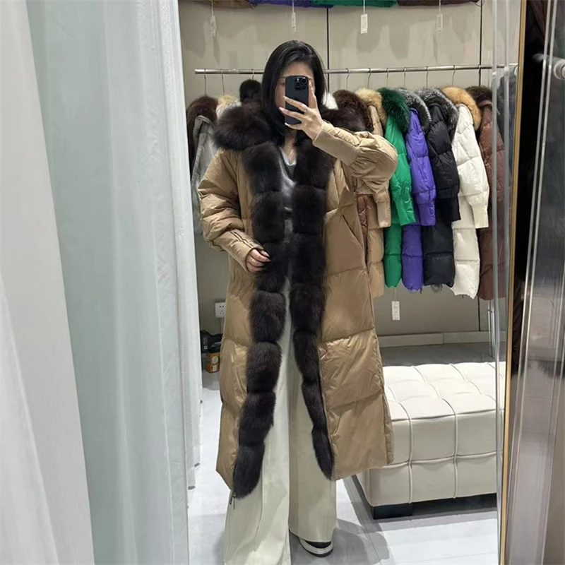 شتاء جديد المرأة فضفاضة سميكة الثعلب الفراء طوق معطف الفرو الأبيض بطة أسفل مبطن سترة عالية الجودة موضة عادية منتصف طول معطف #3