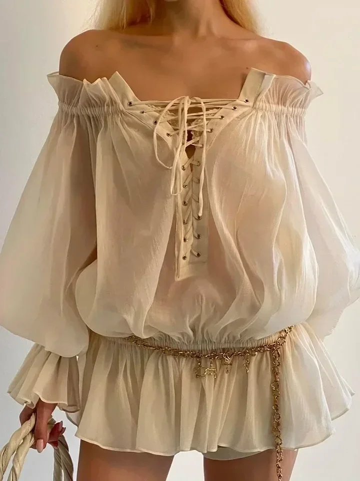

Off The Shoulder Chic Shirt Blouse Long Lantern Sleeve Spring Autumn Beige Lace Up Sexy Women Ladies Party Shirts Tops