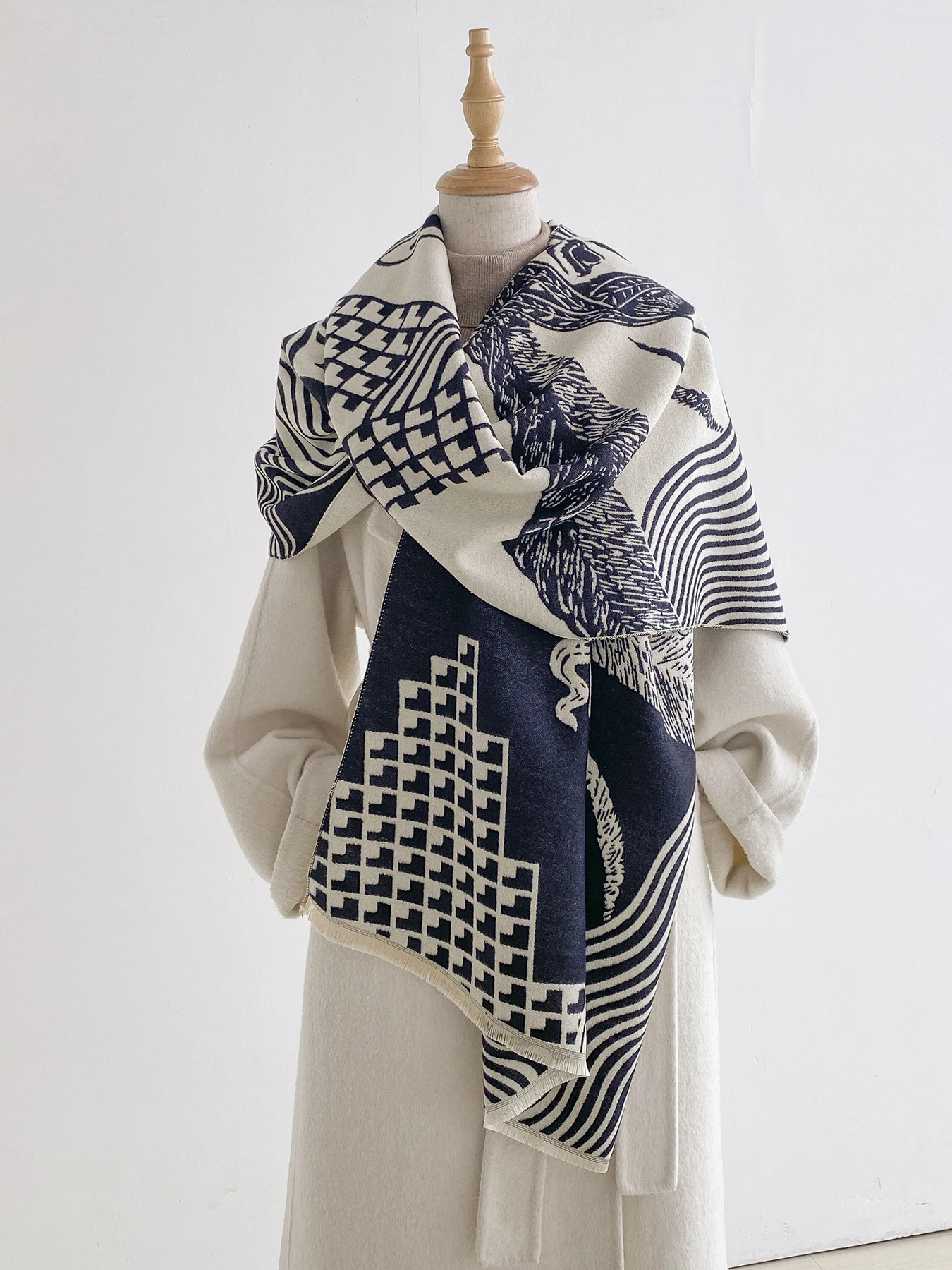 Oversized Double Sided Scarf, Abstract Horse & Houndstooth Pattern Soft Faux Cashmere Cape with Fine Fringe