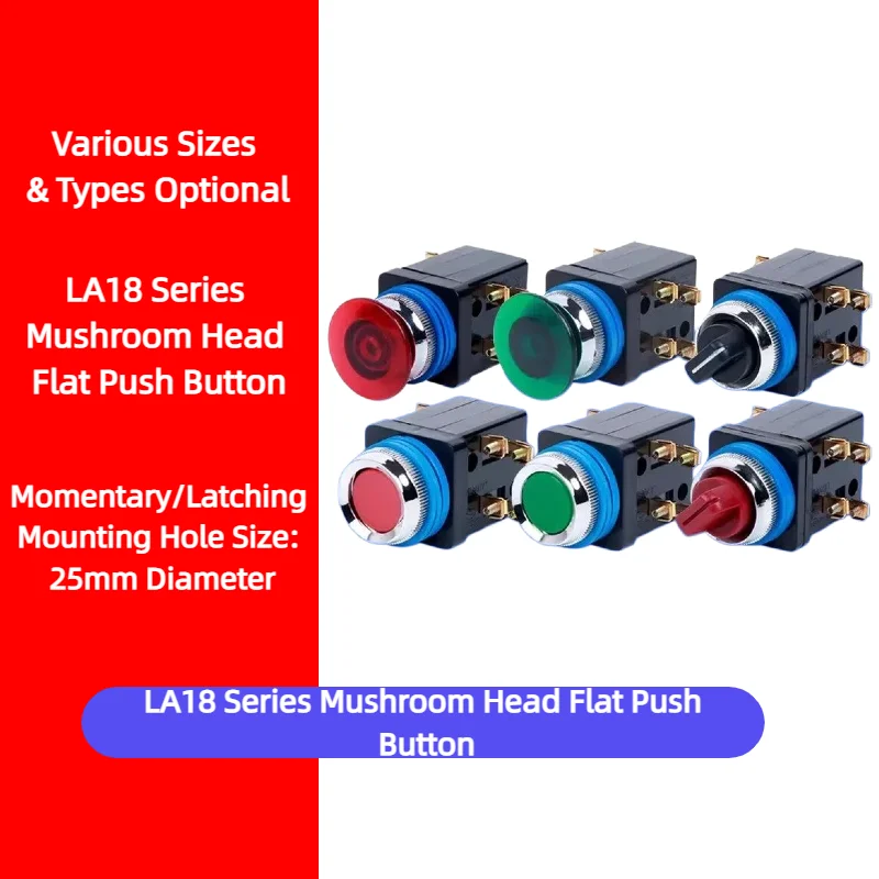 LA18-22 Push Button Switch 25mm Rotary Selector Switch Momentary Flat Button 2/3 Positions Red for Industrial Control Panel