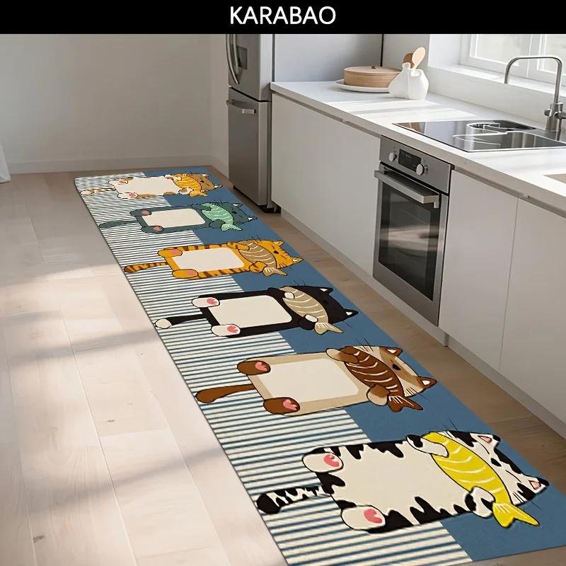 1pc Long Rectangular Mat Featuring an Adorable Design of Six Cats Holding Fish, Ideal for Home Decor. Kitchen Mat Made of 1.2c