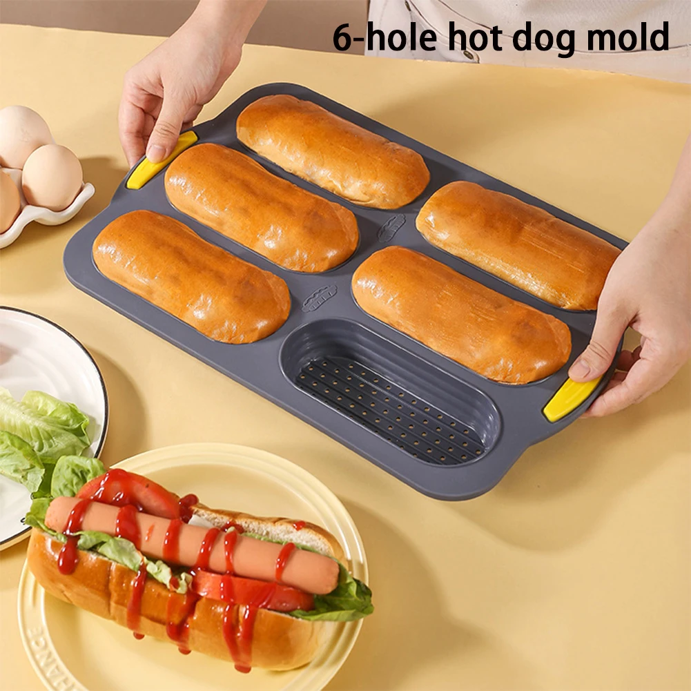 

Baking Tools SIlicone Mold 6 Cavity Hot Dog Bun Pan Bun Cake Tray Baked Tools For Muffins Brownies Kitchen Non Stick Bakeware