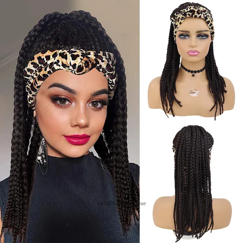 Peluca con diadema trenzada en caja con estampado de leopardo, pelo sintético de ganchillo trenzado para mujeres negras, pelucas de cola de caballo largas y rectas