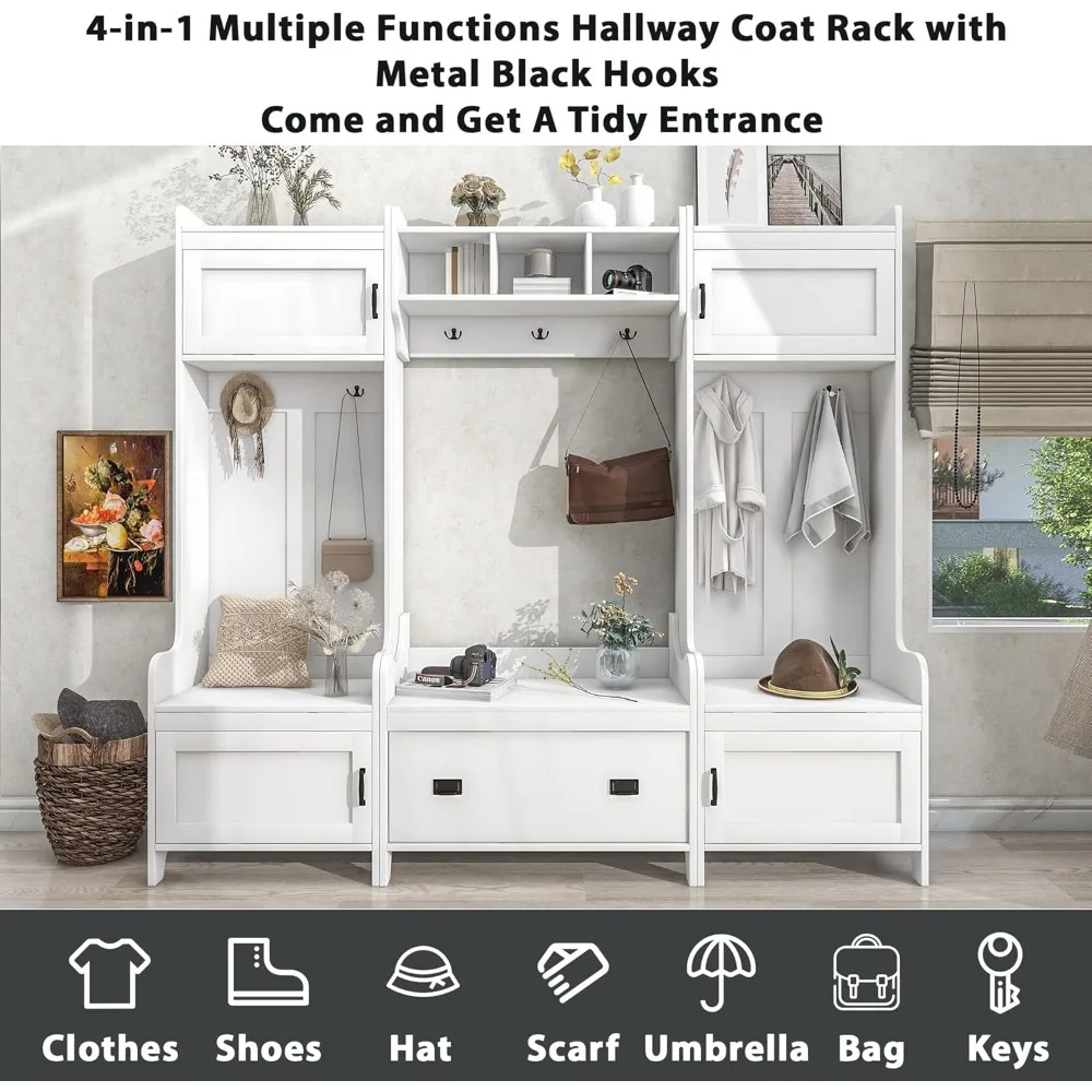 رف معطف المدخل متعدد الأغراض بأربعة اتجاهات معاصر مع 7 خطافات معدنية سوداء، مقعد المدخل مع مساحة تخزين واسعة