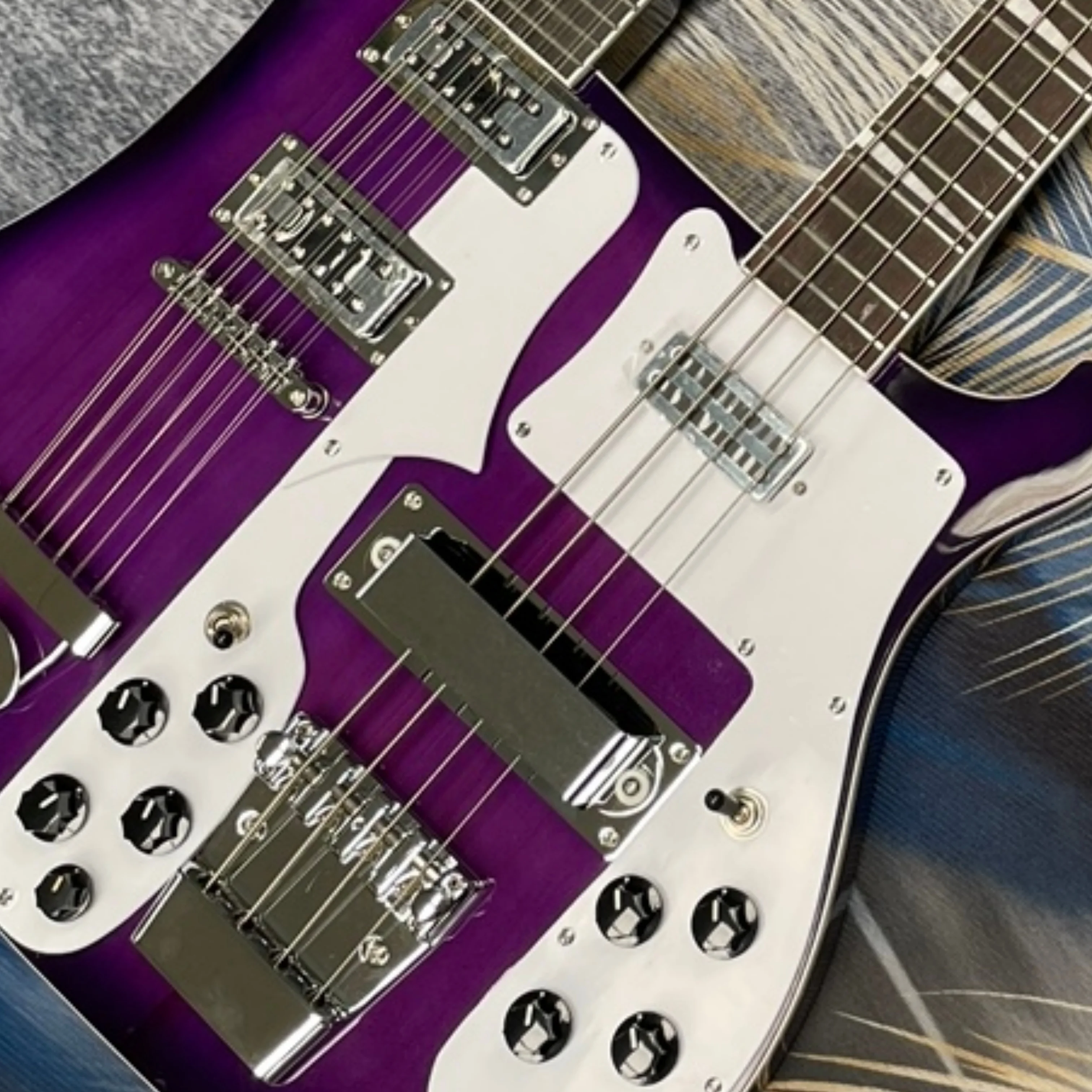 12+4 Purple Double-Head ElectricGuitar,White Split Pickguard,2 Independent Circuits Guitars,High-End Premium Appearance Guitarra