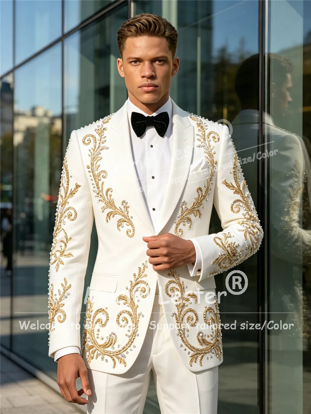 

Luxury White Suit Man For Wedding Single Breasted Jacket Pants 2 Piece Sets Gold Diamond Beaded Groom Formal Wear Tuxedo Attire