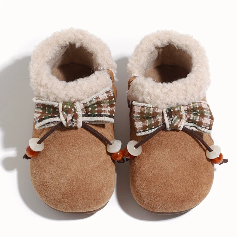

Новые зимние сапоги для маленьких девочек, утепленная теплая обувь на флисовой подкладке, модные короткие сапоги с бантом, нескользящая мягкая подошва для малышей, От 1 до 3 лет