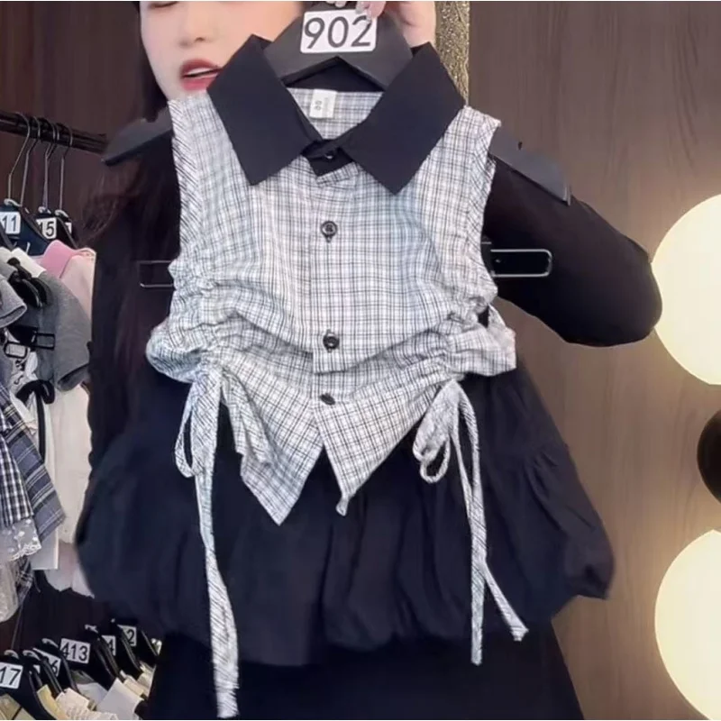 Girl's Sleeveless Checkered Shirt Set 2026 Spring/Summer New Style Girl's Fashionable Black Flower Bud Shorts 2Pc