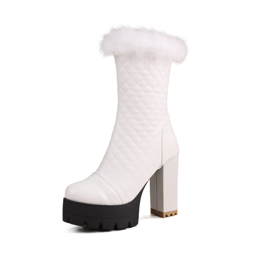 أحذية الشتاء الفراء الدافئة موضة أبيض أحذية سوداء برقبة للنساء الشتاء عالية الكعب سوبر ساحة عالية الكعب 11 سنتيمتر حجم كبير 47 48 8-6 #2