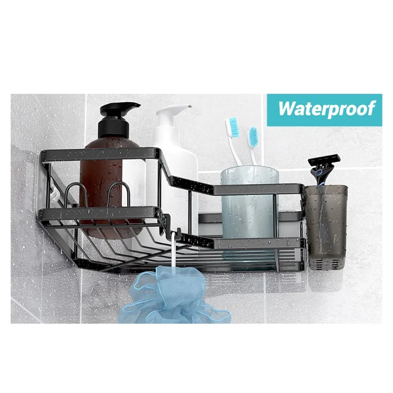 finefine 2 Pack Adhesive Shower Corner Organizer Shelves, No Drilling Shower Storage Rack with Hooks&Toothpaste Holder