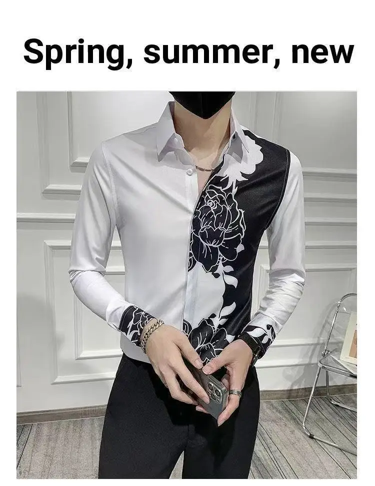 Spring Autumn Korean Fashion Contrast Color Loose Casual Shirt Hombre Long Sleeve Printed Patchwork Blouse Male Buttons Tops Men