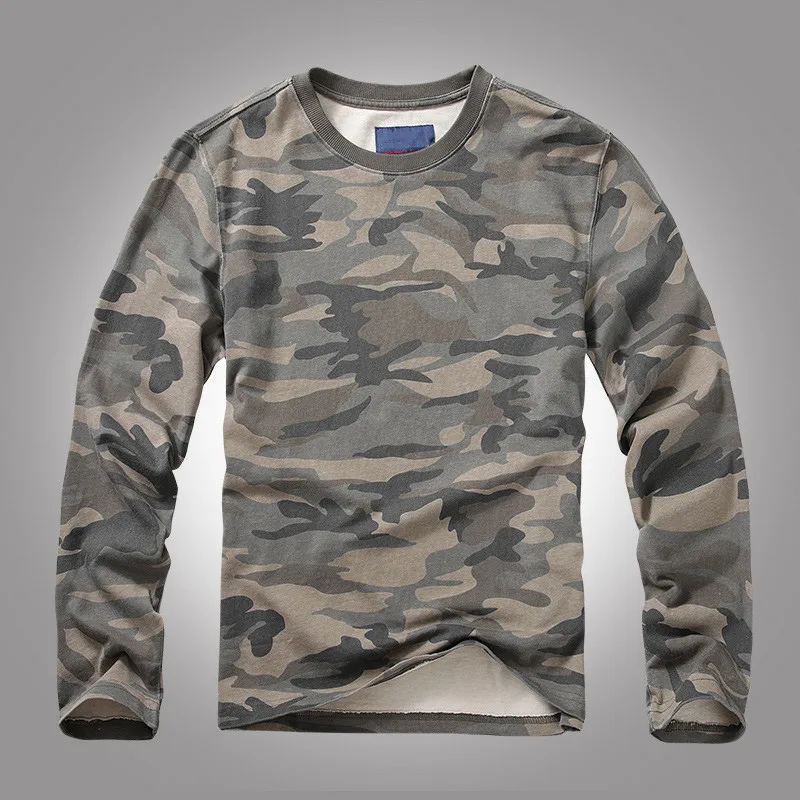 Men's Long Sleeve Shirt Camouflage T Shirt 100% Cotton Cargo Tees For Male Tactical Tops Round Neck