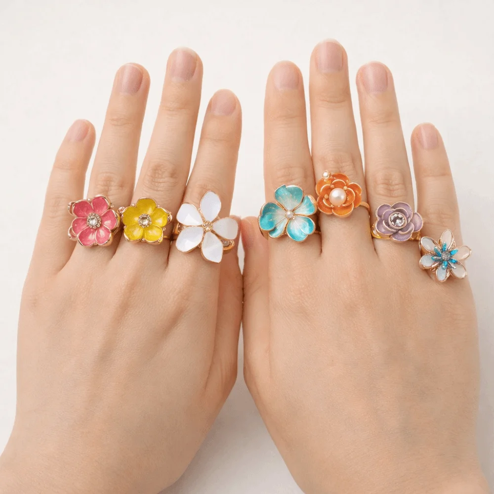 Retro Camellia Flower Flower Ring Rhinestone Korean Style Enamel Finger Ring Glaze Dripping Oil French Irregular Ring Girls